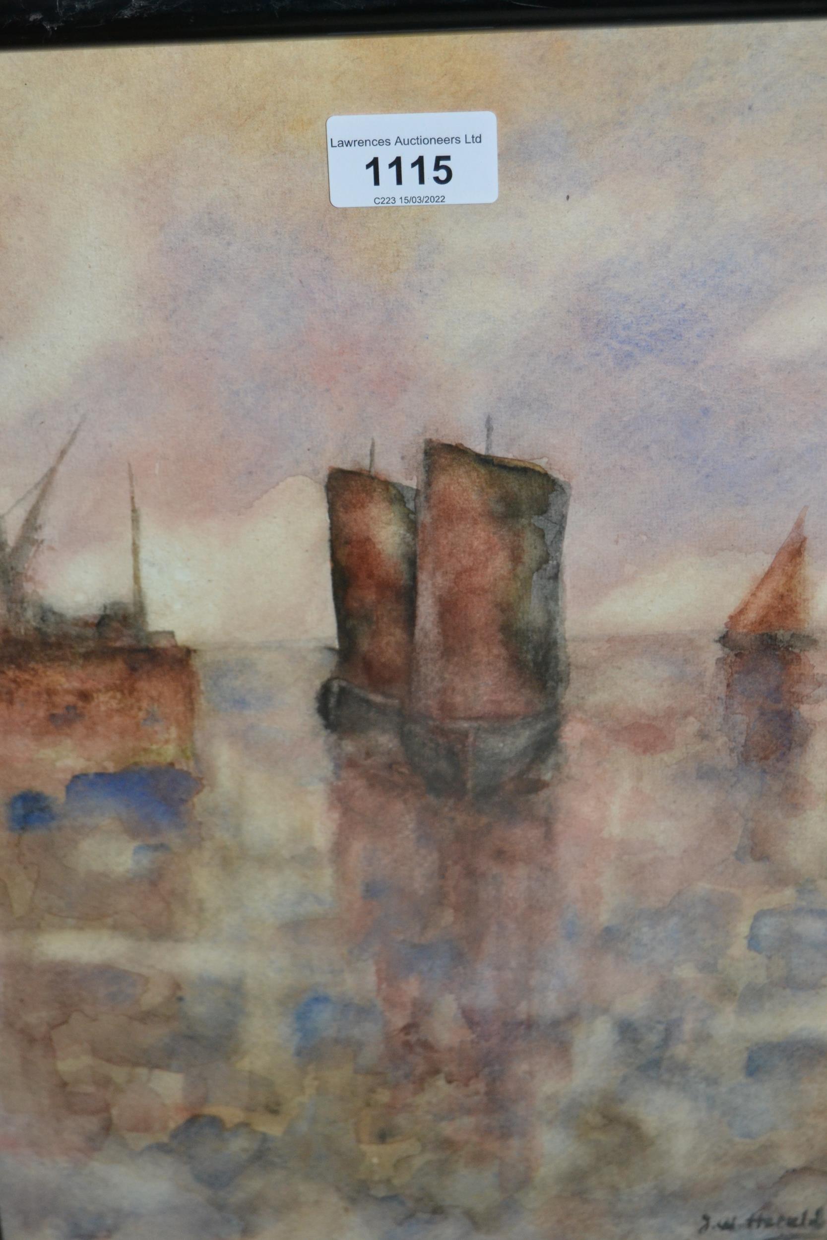 Ebonised framed watercolour, boats near a quayside, signed J.W Harold, 13.5ins x 10ins