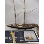 Wooden clinker built model of two masted boat, together with an unmade wooden model of H.M.S Unicorn