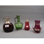 Small white metal mounted coloured glass decanter together with three other similar items