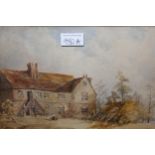 19th Century English school, watercolour, figure before a stone cottage, together with another