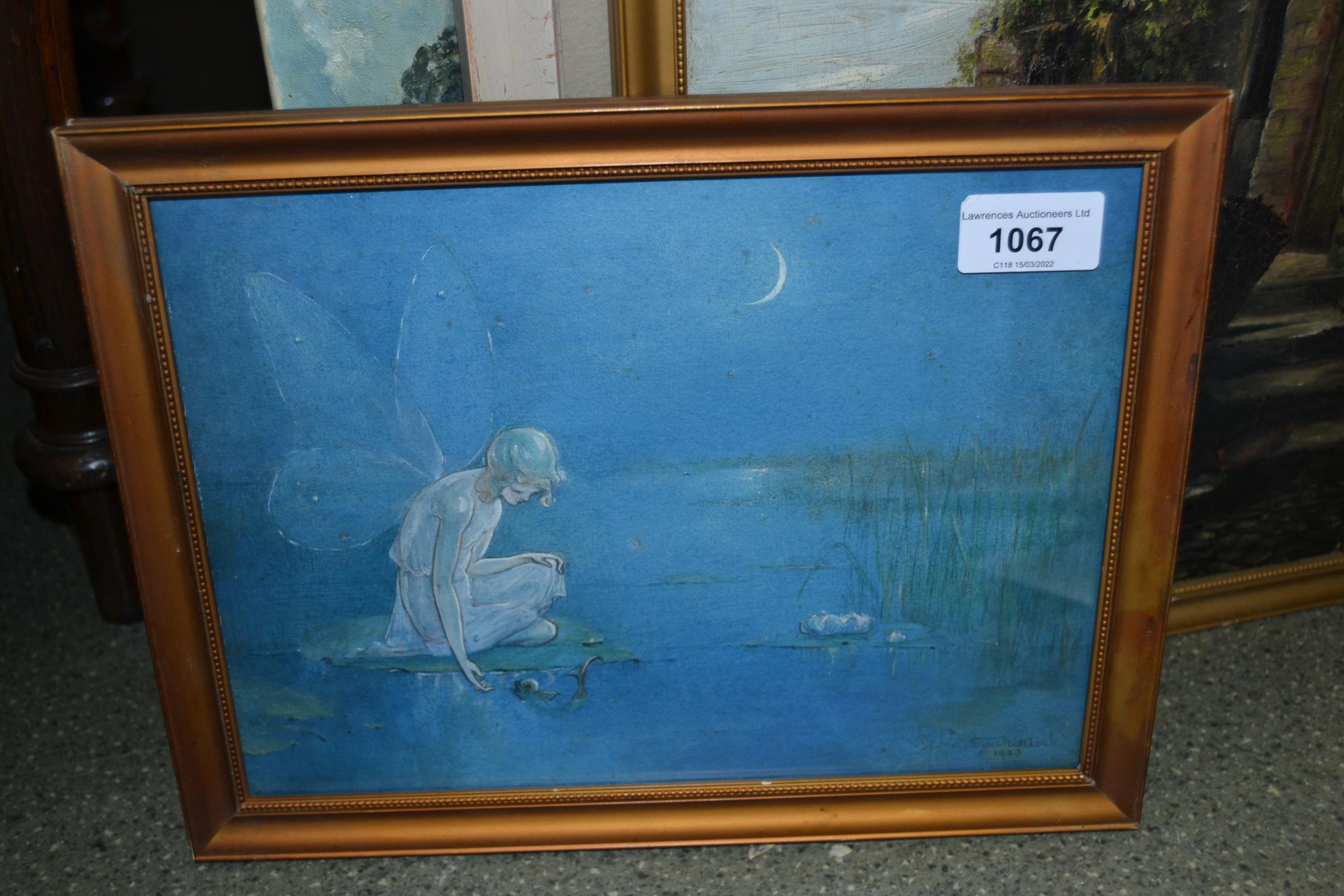 Watercolour of a moonlit lake with a fairy feeding a fish, indistinctly signed and dated 1925, 7. - Image 2 of 3