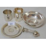 Two white metal Christening beakers, Pakistan white metal bowl and a silver plated desk seal in