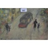 Naive style pastel drawing of a street scene, signed Gumery, 9.5ins x 13ins