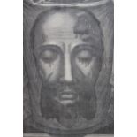 Antique black and white engraving on linen, Death mask of Christ from an original in the Basilica of