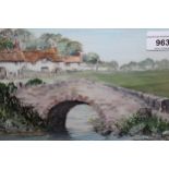 Lester Atack, mixed media, view of a bridge and cottages, together with two unframed watercolours