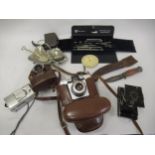Four various cameras, cased set of drawing instruments, antique sheath knife and other collectables