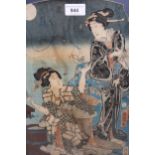 19th Century Japanese woodblock print, two geishas in a moonlit scene, 14ins x 9.25ins