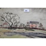 Watercolour, cottages and tree in a landscape, 12ins x 20.5ins, gilt framed, together with two