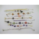 Group of ten various silver bracelets set with various semi precious and gem stones