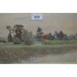 T. Hunn, watercolour, lake scene with ducks, distant cattle and country house, signed, 8.25ins x