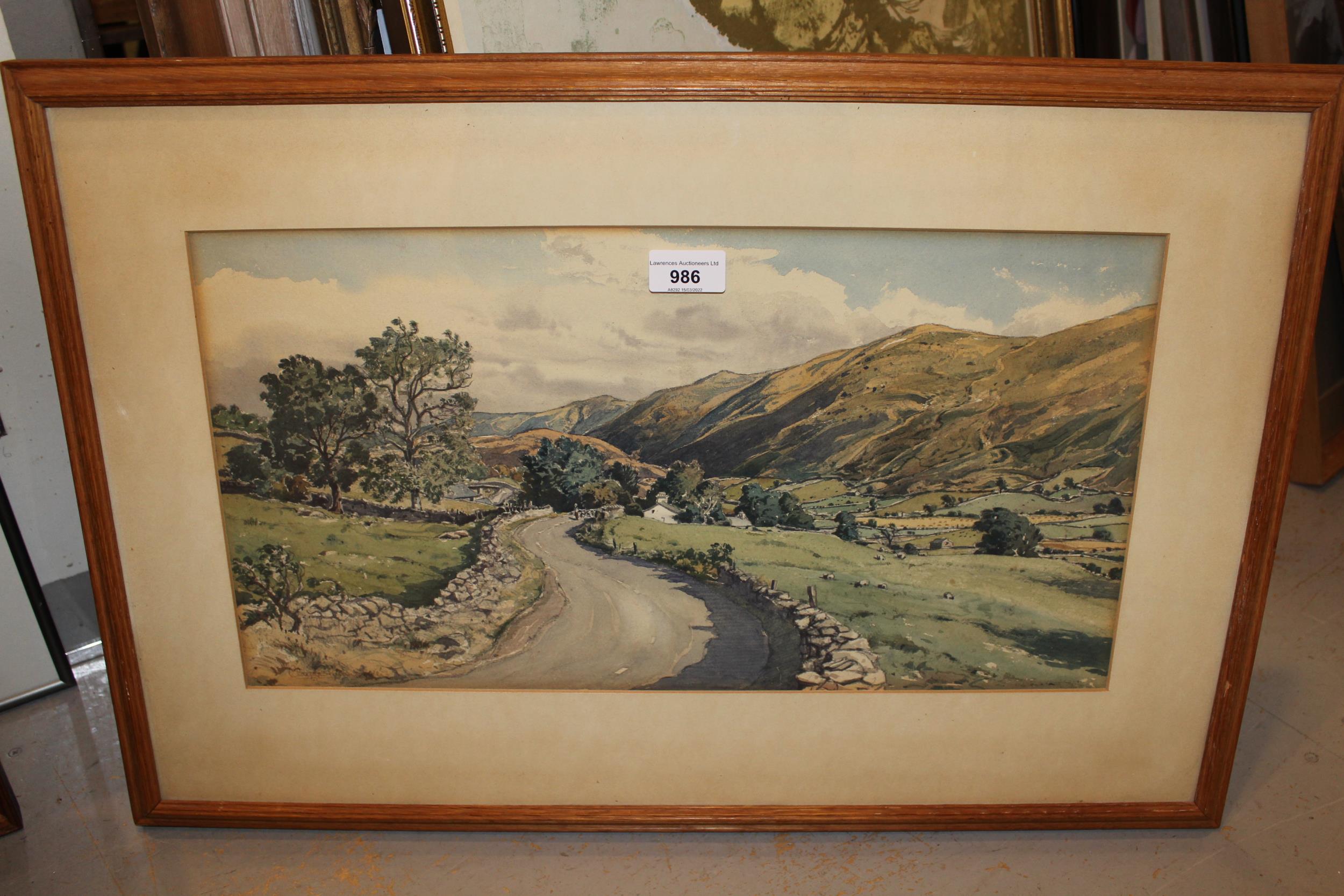 Claude Muncaster, watercolour rural landscape with drystone walls, cottage and hills, signed, - Image 2 of 2