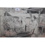 Allan Walton, ink and watercolour, figures at a street market, 14.5ins x 21ins