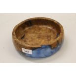 Dave Coxon, handmade Scottish burr elm and blue lustre resin shallow bowl, 8ins diameter, 2.5ins