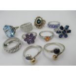 Group of ten various silver and gem set dress rings