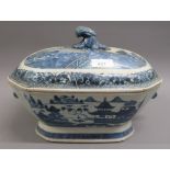 18th Century Chinese blue and white octagonal tureen and cover, 12.5ins wide overall (cracks to