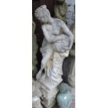 Weathered cast concrete garden figure of a classical female figure with a water vessel mounted on