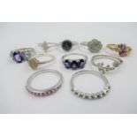 Group of ten various silver and gem set dress rings