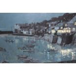 Oil on board, Cornish harbour by moonlight ' The Mousehole ', signed Sadler, 19.5ins x 35.5ins