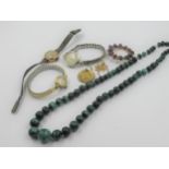 Two Ladies gold cased wristwatches, a malachite bead necklace, gold pendant and sundries
