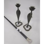 Birmingham silver mounted ebony walking cane and a pair of brass cobra candlesticks
