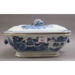 18th Century Chinese blue and white octagonal tureen and cover painted with pagodas and figures on a