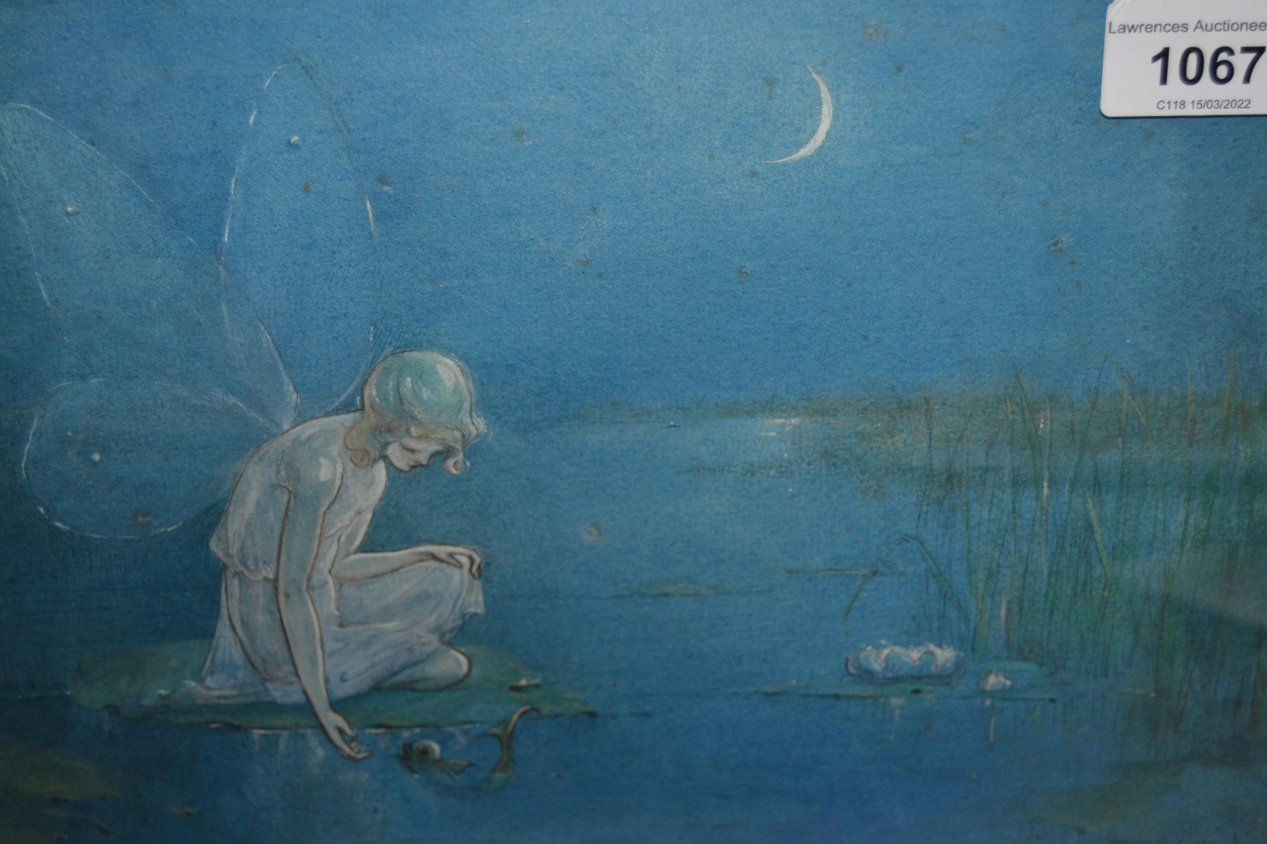 Watercolour of a moonlit lake with a fairy feeding a fish, indistinctly signed and dated 1925, 7.