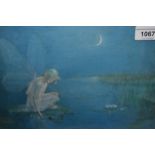 Watercolour of a moonlit lake with a fairy feeding a fish, indistinctly signed and dated 1925, 7.