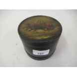Russian black lacquered papier mache cylindrical box and cover, the lid painted with a Troika scene,