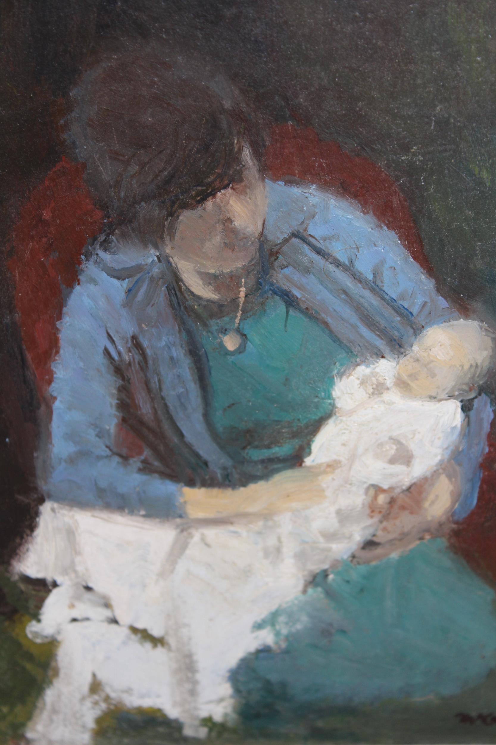 Oil on board, study of a seated mother and baby, indistinctly signed and dated '75, inscribed to