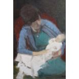 Oil on board, study of a seated mother and baby, indistinctly signed and dated '75, inscribed to