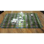 Murano type glass rectangular plaque in the form of a picnic blanket and cakes, 36ins wide One