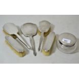 Six piece silver mounted dressing table set including a covered glass jar