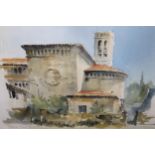 Hugh Lane-Davies, watercolour view of a church Calonge Majorca, signed with initials and dated '