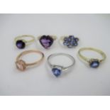 Group of six various 9ct gold and gem set dress rings