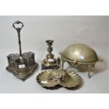 Silver plated three bottle decanter stand, shell form dish, candlestick base and a rollover bacon