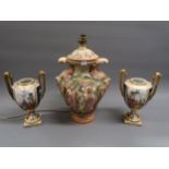 Pair of Dresden pedestal two handled vases with painted decoration of figures in landscapes (lacking