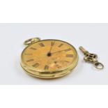Continental yellow metal cased open face fob watch, the gilt dial with Roman numerals and subsidiary