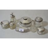 Eight various silver mounted dressing table boxes and bottles