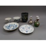 Meissen blue and white cup and saucer, Royal Copenhagen blue and white cup and saucer, Art glass