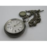 Silver open faced pocket watch together with a good quality silver and curb link Albert watch chain