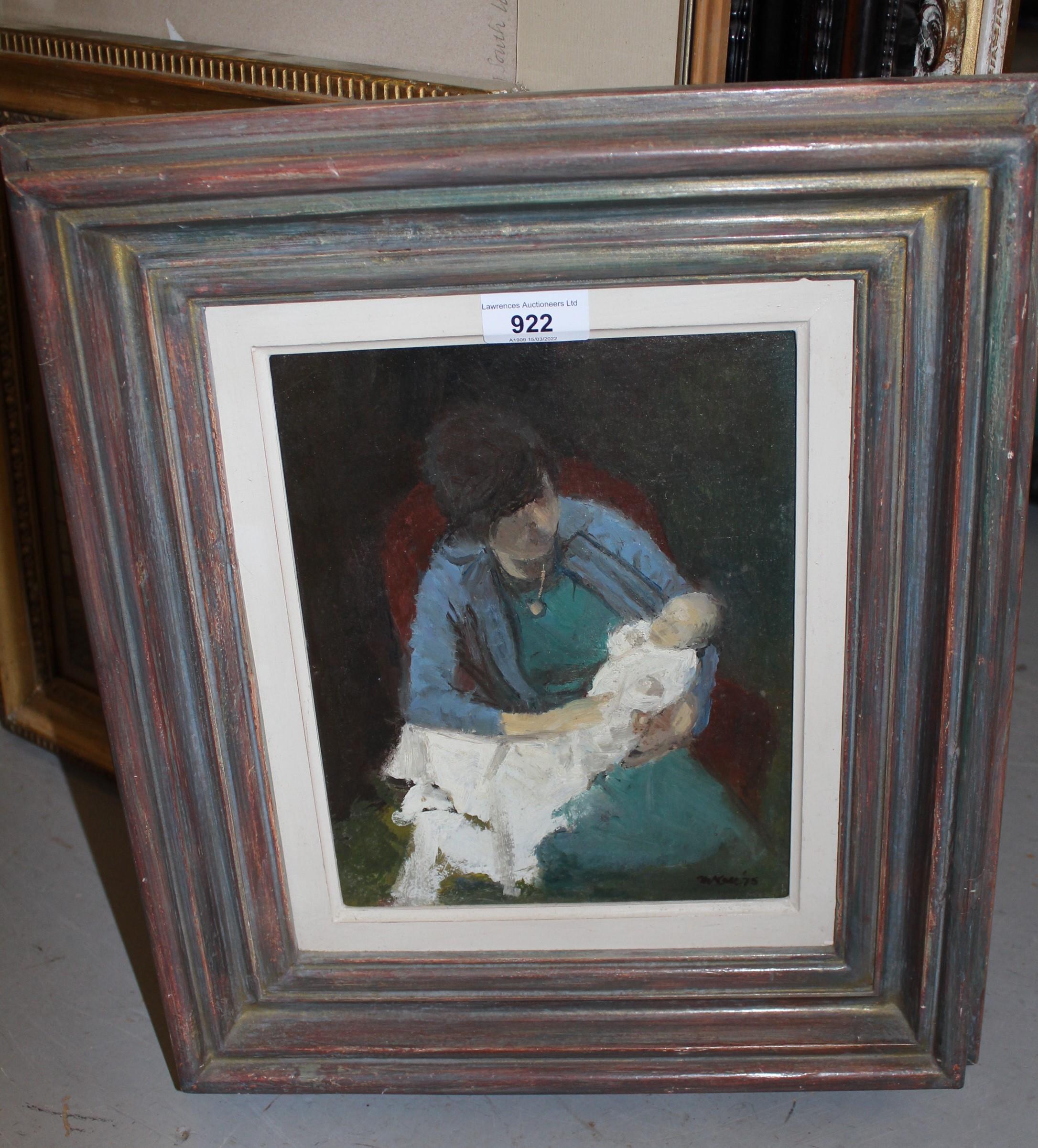 Oil on board, study of a seated mother and baby, indistinctly signed and dated '75, inscribed to - Image 2 of 2