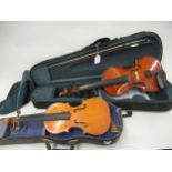 Primavera violin with bow in a fitted case, together with a student size Chinese violin, in case