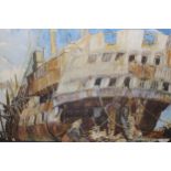 Frank Brangwyn, signed coloured print, figures working at the stern of a Man O' War, 17.5ins x