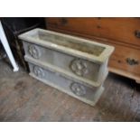 Pair of rectangular cast concrete garden planters, with Tudor rose decoration 9ins high x 30ins wide