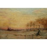 Small 19th Century oil on board, winter landscape at sunset, 7ins x 10ins, together with a