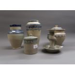 Early Carter Poole jar and cover, two similar vases, chamber candlestick, preserve pot and cover (