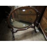 Edwardian mahogany line inlaid oval dressing table mirror on shaped supports