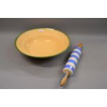 Large glazed dairy bowl and an early T.G. Green Cornishware rolling pin