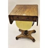 19th Century mahogany drop-leaf work table with a single drawer above a pull-out wool compartment,