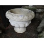 Carved white marble pedestal garden planter with a gadroon rim, 18.5ins diameter